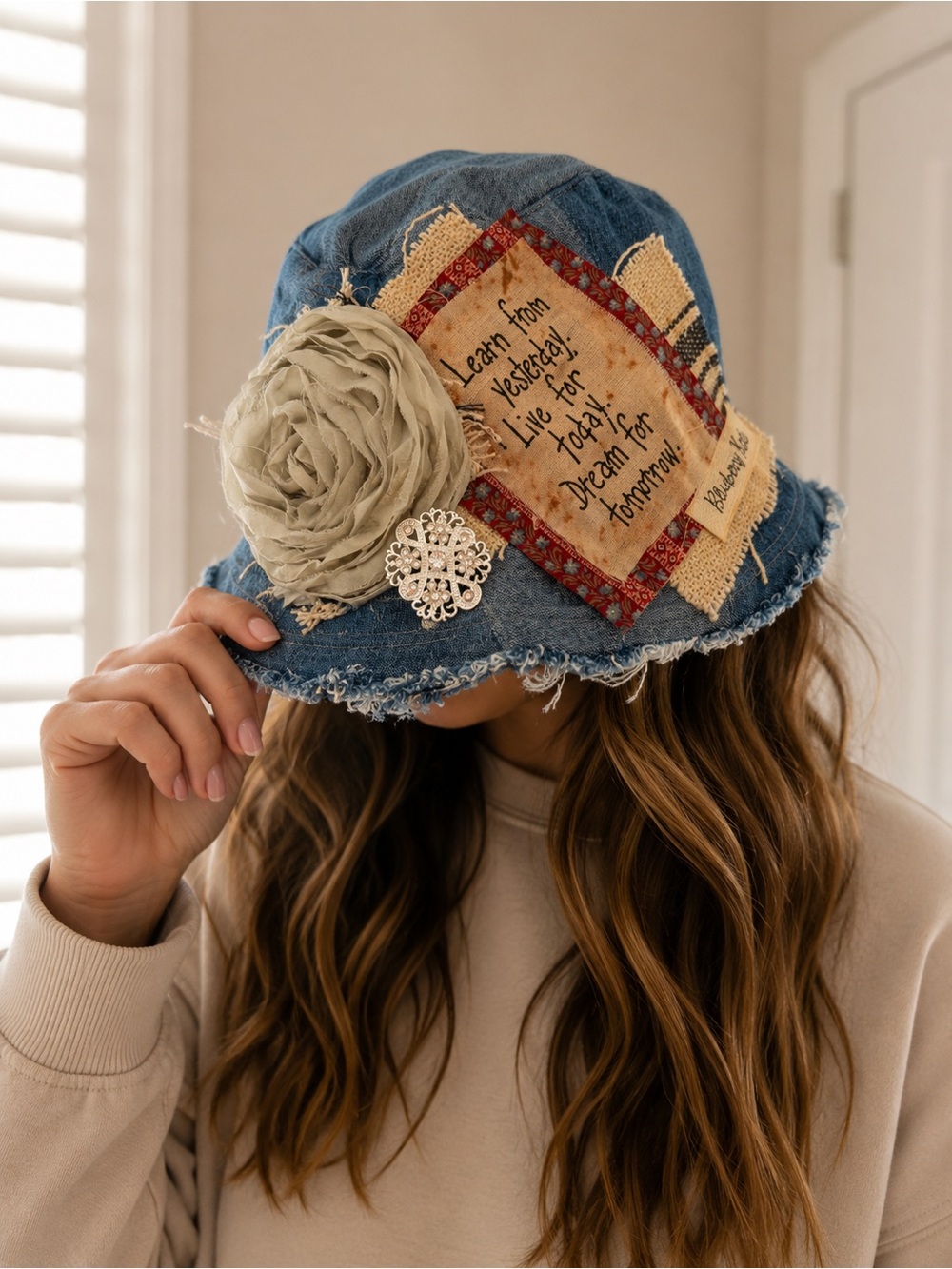 New Denim Patchwork Bucket Hat with Beige Rosette Design by Blueberry Kate